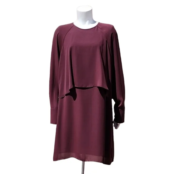 WHO WHAT WEAR WWW Burgundy Chiffon Caplet Dress L Cape Long Sleeve MODEST - Picture 3 of 16
